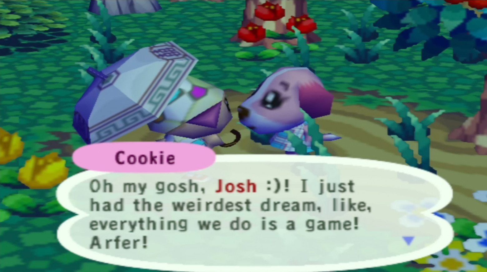 Куки: «О боже, Джош :)! Мне приснился такой странный сон, будто всё, что мы делаем, — это игра! Арфер!»